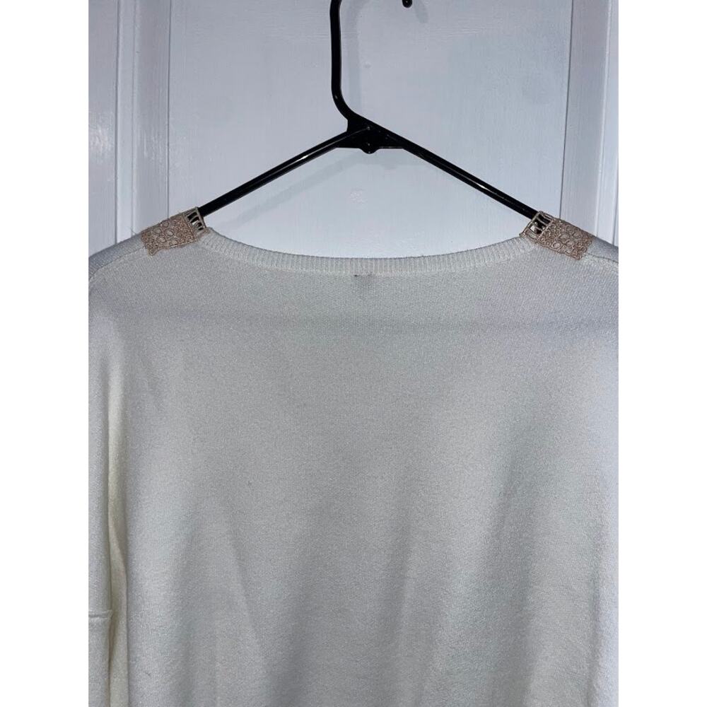 Womens Oversized V-Neck Ivory Sweater Pullover Crochet Knit Neckline Boho Cozy - Picture 7 of 12